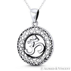 Om Aum Symbol Hindu / Buddhist Charm Pendant in Oxidized .925 Sterling Silver